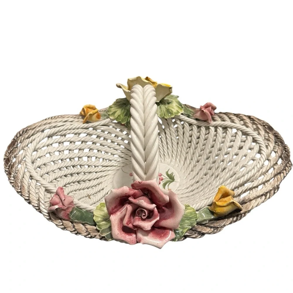Vintage Capodimonte Italy Porcelain Basket with Hand-Painted Roses